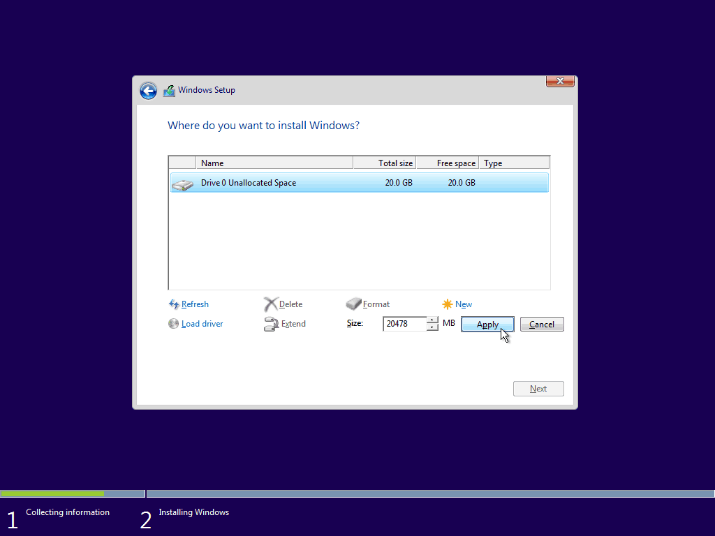 08 Bruk maksimalt tilgjengelig plass Windows 10 Clean Install