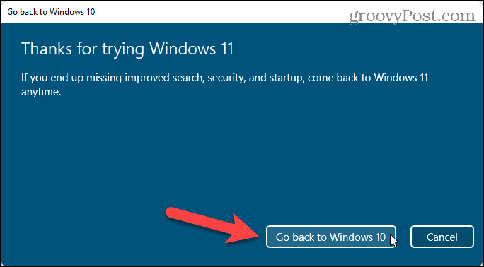 Klikk på Gå tilbake til Windows 10