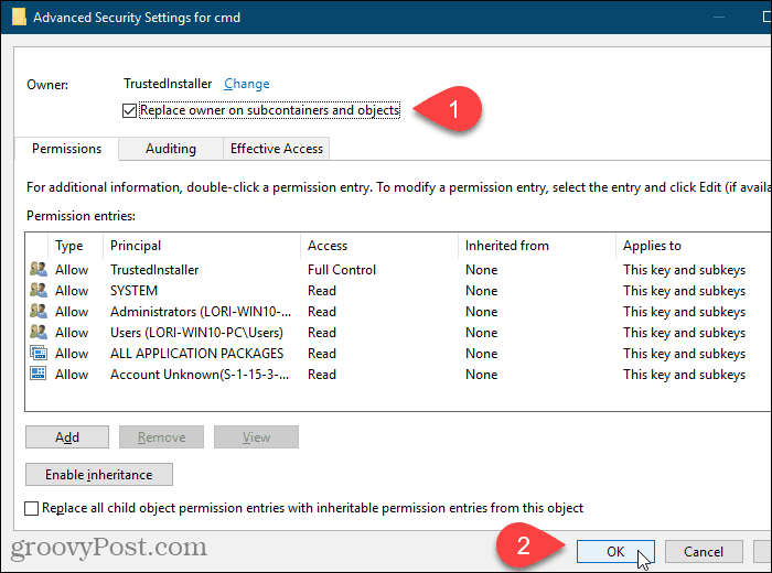 Merk av for Erstatt eier på underbeholdere og objekter i dialogboksen Avanserte sikkerhetsinnstillinger i Windows Register Editor