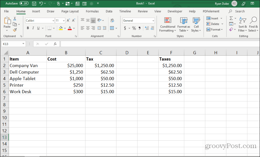 formelceller kopieres og limes inn i Excel