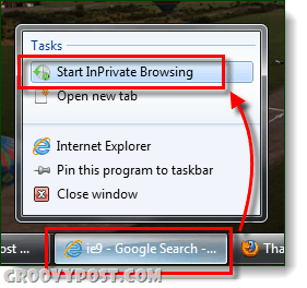 ie9 inprivate surfing fra oppgavelinjen windows