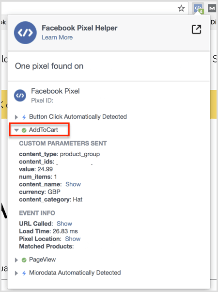 Facebook Pixel Helper-plugin-resultater på Legg til handlevogn-siden