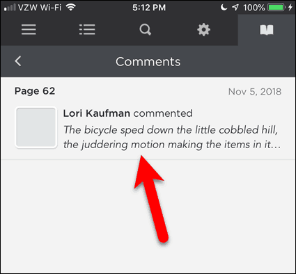 Trykk på en kommentar i BookFusion for iOS
