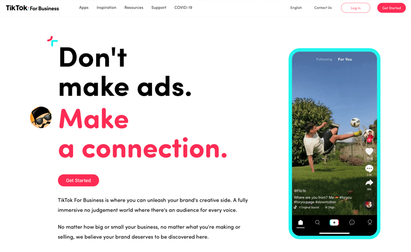 skjermbilde av tiktok for bedrifter og bemerker 'ikke lag annonser. lage en forbindelse. '