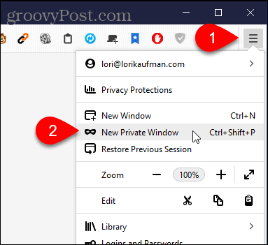 Velg Nytt privat vindu i Firefox for Windows
