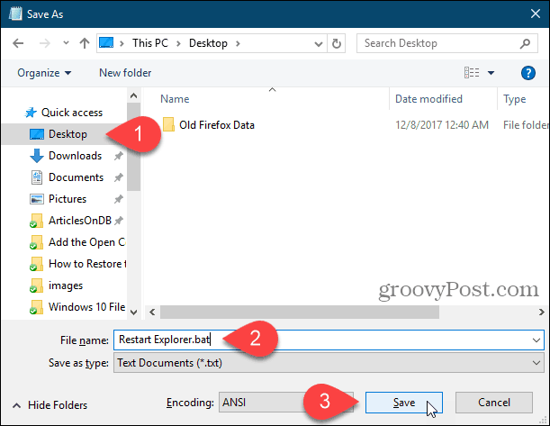 Lagre en batchfil på skrivebordet i Notisblokk i Windows 10