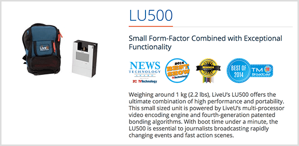 Luria Petrucci bruker LU500-ryggsekken til å streame live irl-videoer på Twitch. På LiveU-salgssiden står det at denne streaming-enheten har liten formfaktor kombinert med eksepsjonell funksjonalitet. Flere produktpriser vises under denne beskrivelsen.