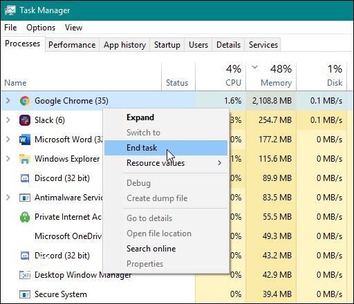 oppgavebehandling slutt Chrome