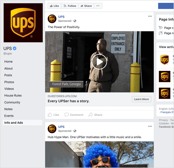 Hvis du ser på Facebook-annonsene fra UPS, er det tydelig at de bruker historiefortelling og emosjonell appell for å bygge merkevarebevissthet.