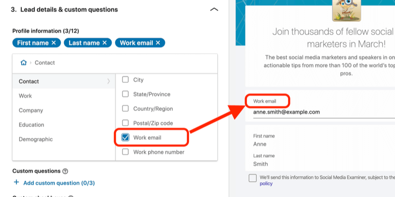 skjermbilde av Work Email-feltet valgt for leadgen-skjema i LinkedIn-annonseoppsett