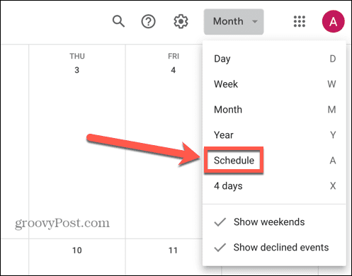 google kalender velg tidsplanvisning