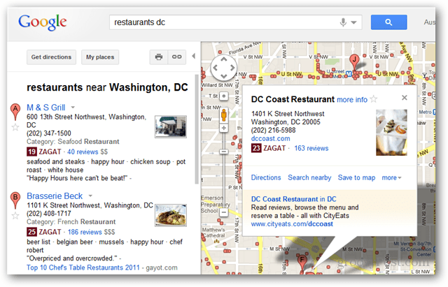 Google har integrerte anmeldelser av Zagat og Google+ i Googles søkeresultater