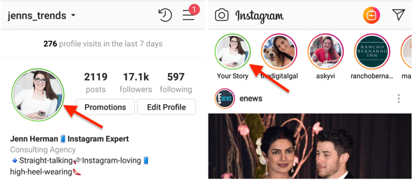 Grønn sirkelindikator for Instagram-profilbildet ditt når du har delt en historie til din nære venneliste.