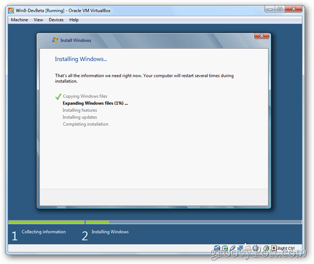 VirtualBox Windows 8 installerer windows screen