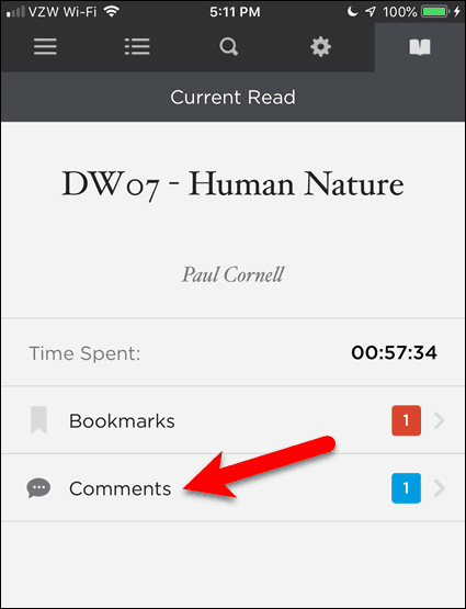 Trykk på Kommentarer i BookFusion for iOS