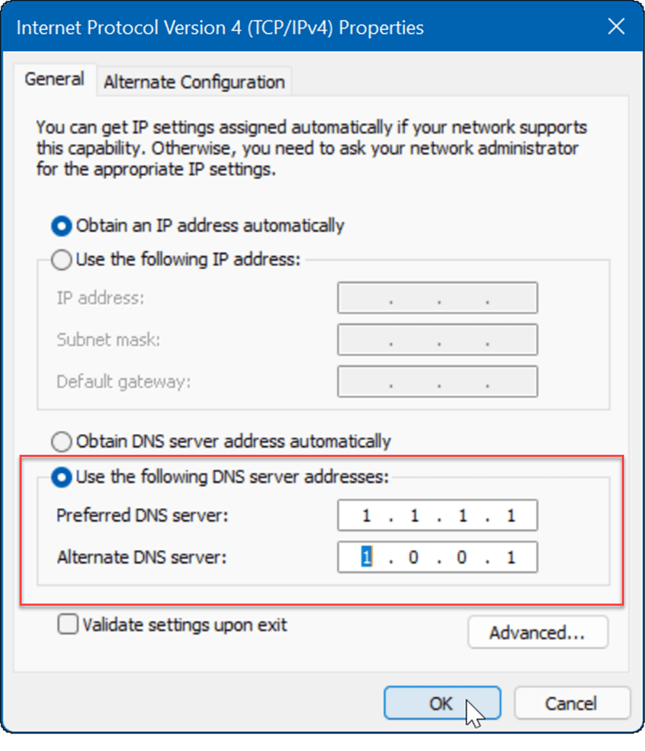skriv inn DNS-fiks tregt internett på Windows 11