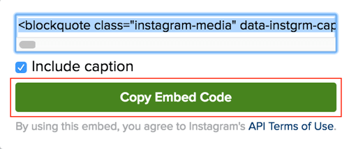 Klikk på den grønne knappen for å kopiere innleggskoden for Instagram-innlegget.