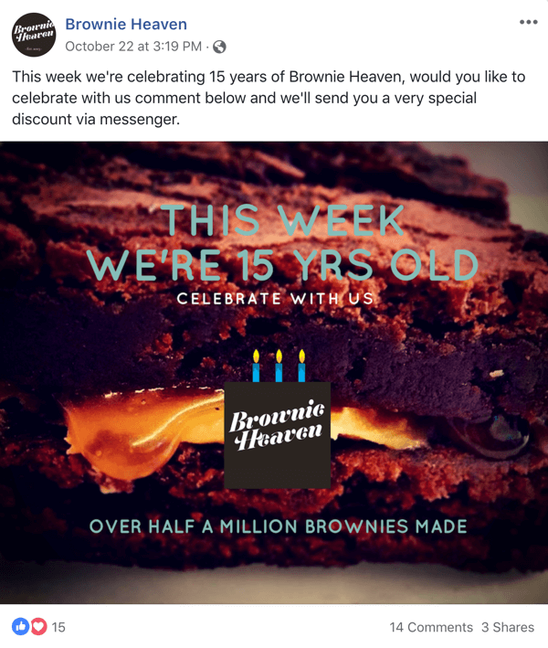 Eksempel på Facebook-innlegg med et tilbud fra Brownie Heaven.