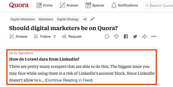Eksempel på markedsføring på Quora med en betalt annonse.