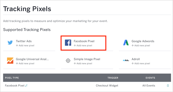I Eventbrite klikker du på Facebook Pixel og skriver inn piksel-ID og andre detaljer.