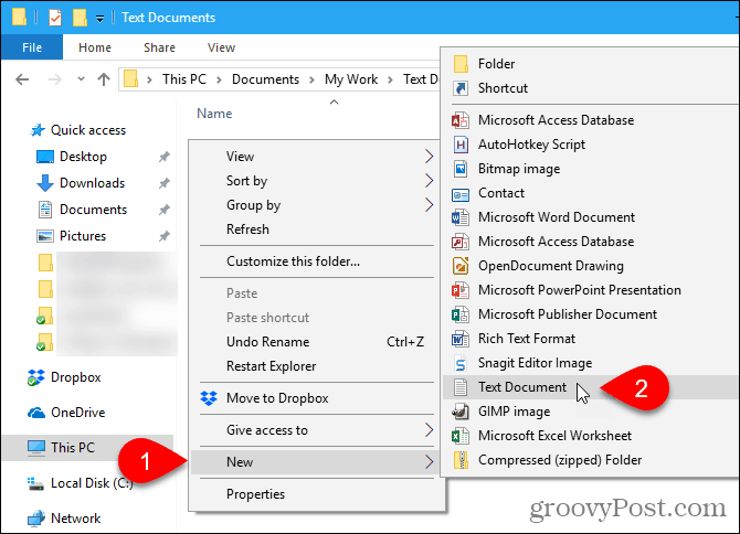 Gå til Ny> Tekstdokument i Windows File Explorer