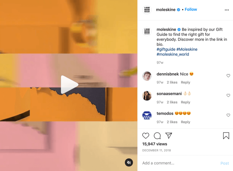 eksempel på et instagram-gaveideevideoinnlegg fra @moleskine med en oppfordring til handling som leder seerne til lenken i biografien for mer