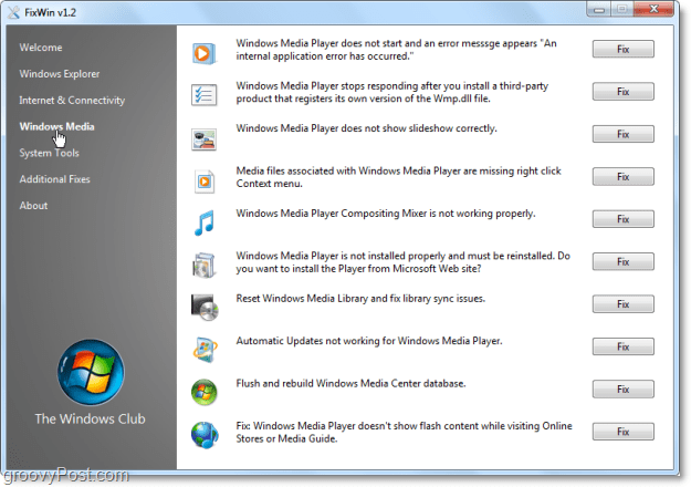 FixWin Windows Meda fikser skjermbilde