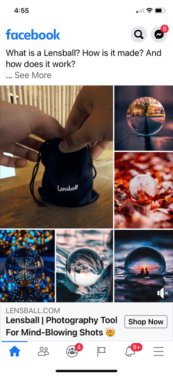 eksempel på facebook annonse collage for lensball, som viser produktet i en liten svart snorepose sammen med 5 eksempler på bilder av produktet som brukes i bilder