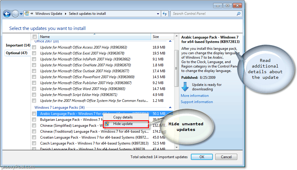 Windows 7 - Windows Update Tilgjengelige oppdateringer Avmerkingsbokser Skjermbilde