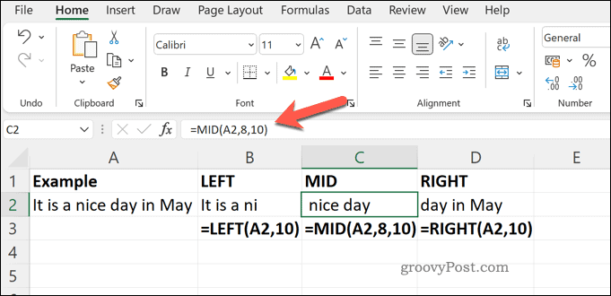Et eksempel på MID RIGHT og LEFT funksjonene i Excel