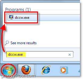 start dccw fra startmenyen i Windows 7