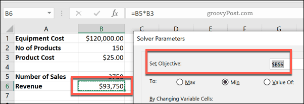 Angi målcellen i Solver for Excel
