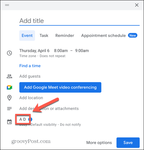 Skjermbilde for alternativer for Google Kalender-hendelseskalender