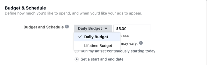 velge Lifetime Budget på annonsesettnivå for Facebook-kampanje på dagen med flash-salg