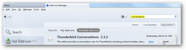 thunderbird-samtaler - installer tillegg via søkesiden