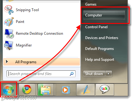 Windows 7 datamaskin-menyen min og viser startmenyen orb
