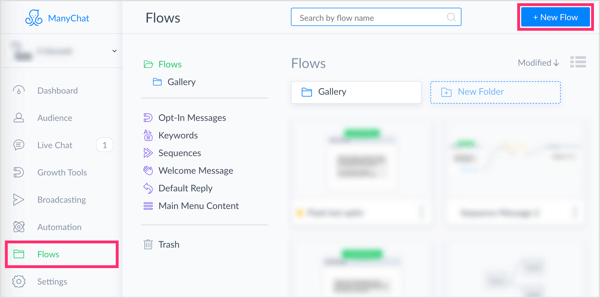 Klikk på New Flow-knappen i Flows-fanen i ManyChat.