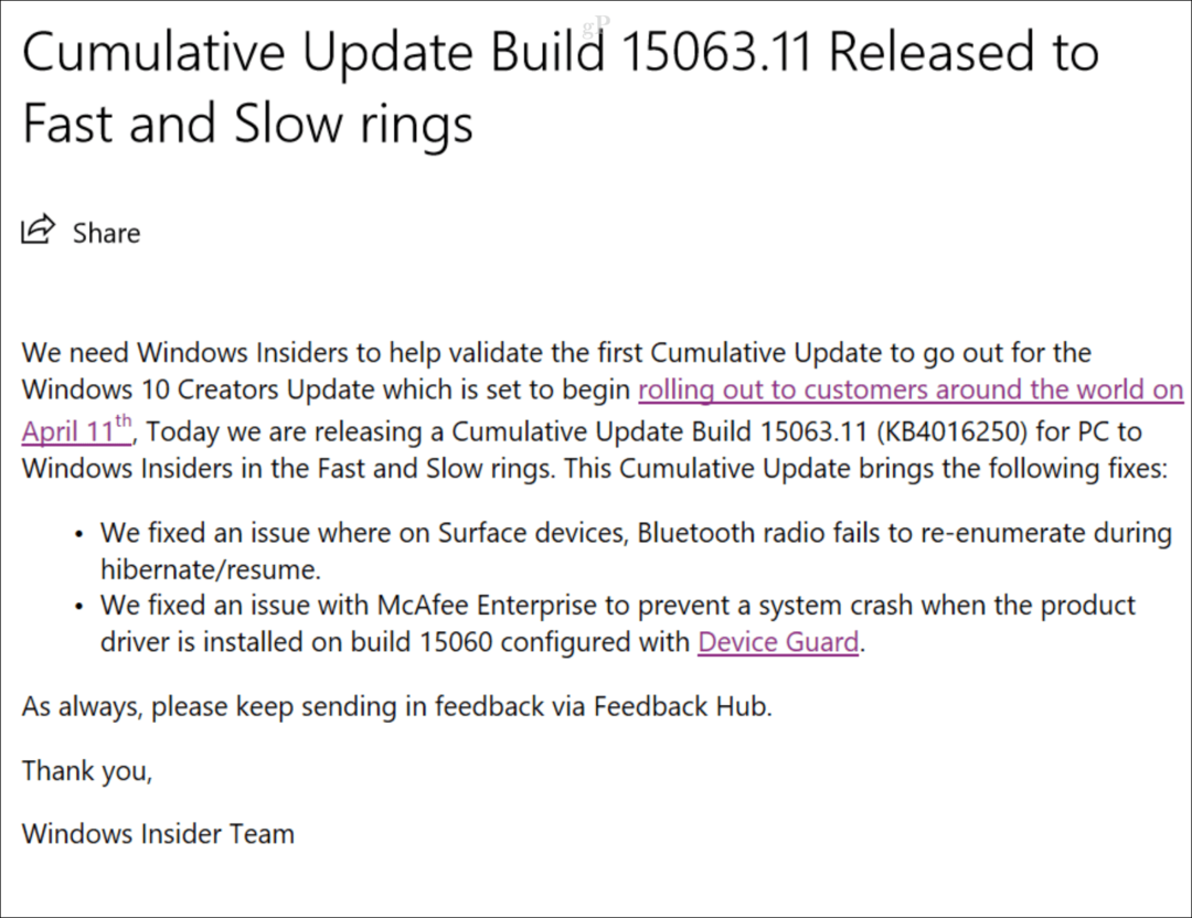 Første kumulative oppdatering for Windows 10 Creators Update utgitt
