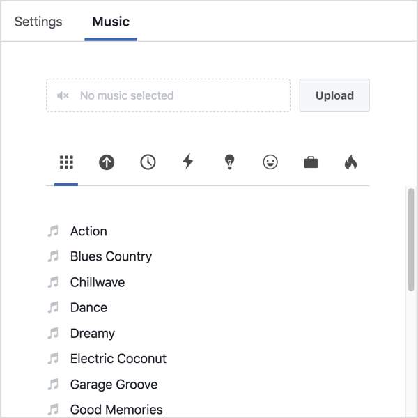 Klikk på Musikk-fanen og last opp din egen lyd, eller velg et spor fra Facebooks bibliotek.