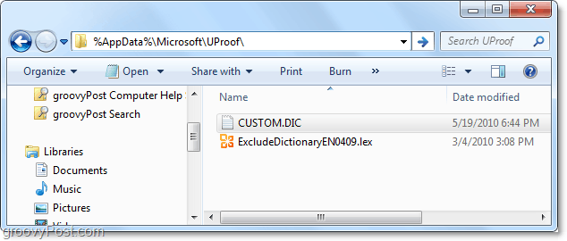 ekte plassering av den tilpassede.dic-filen til Office 2010