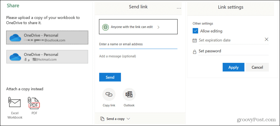 Del Excel Send og Link-innstillinger på Windows