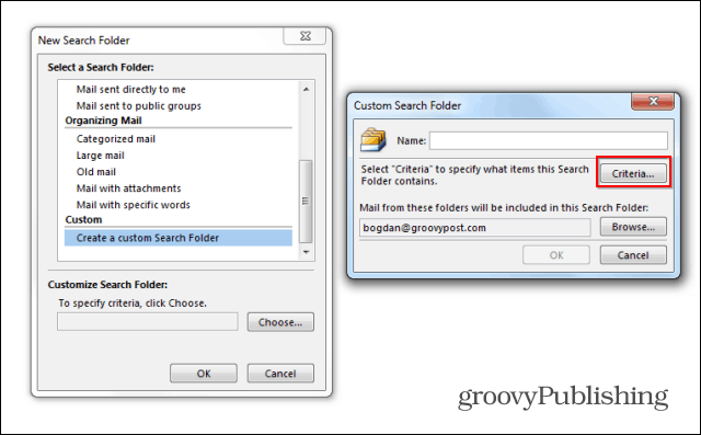 Outlook 2013 søkemapper tilpasset