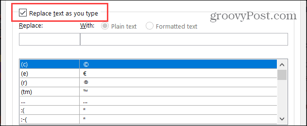 Erstatt tekst mens du skriver inn Word på Windows