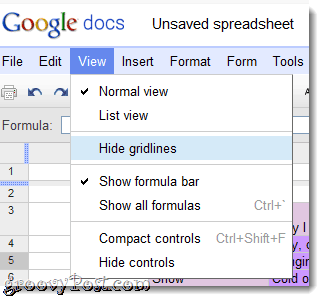 Skjul rutenett i Google Dokumenter-menyen