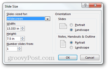 sideoppsett powerpoint 2013 alternativer størrelsesforhold størrelse orientering