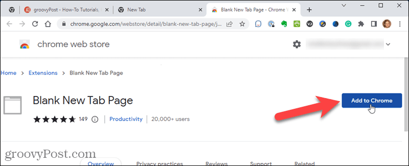 Legger til utvidelsen Blank New Tab Page i Chrome