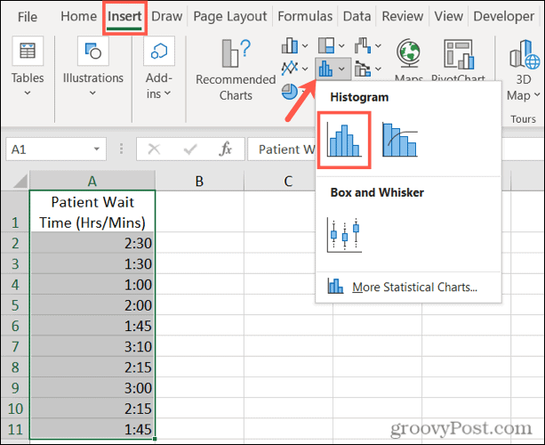 Sett inn et histogram i Excel