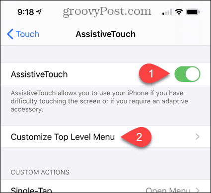 Aktiver AssistiveTouch og tilpasse menyen på toppnivå i iPhone-innstillinger