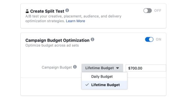 velge Kampanje budsjettoptimalisering og levetidsbudsjett for Facebook-kampanje på dagen med flash-salg