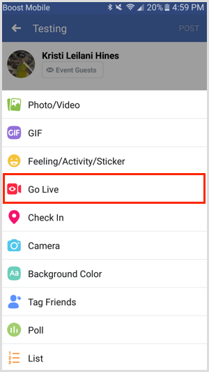 Gå Live-alternativ for Facebook-arrangement via Facebook-mobilappen